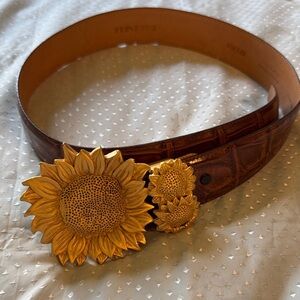 Harrell Gold Sunflower Buckle Brown Alligator Embossed Leather Belt